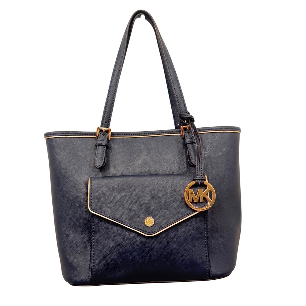 Michael Kors Dark Navy Blue Saffiano Leather Tote Gold Hardware MK Charm Pocket - Picture 3 of 15